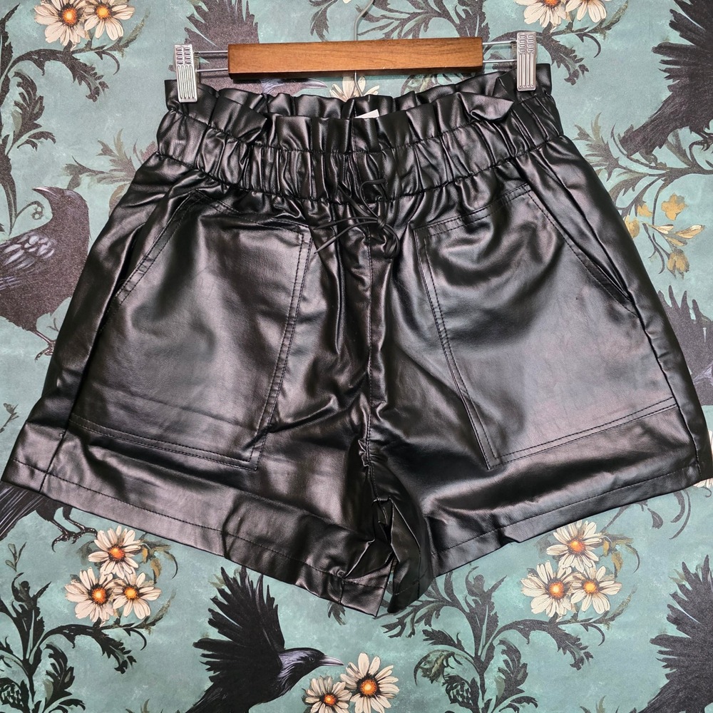 Ramisu Faux Leather Shorts Black Paperbag High Waist Elastic Drawstring XL